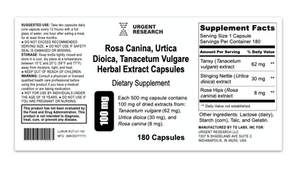 Product label for Rosa canina, Urtica dioica, Tanacetum vulgare herbal extract capsules product